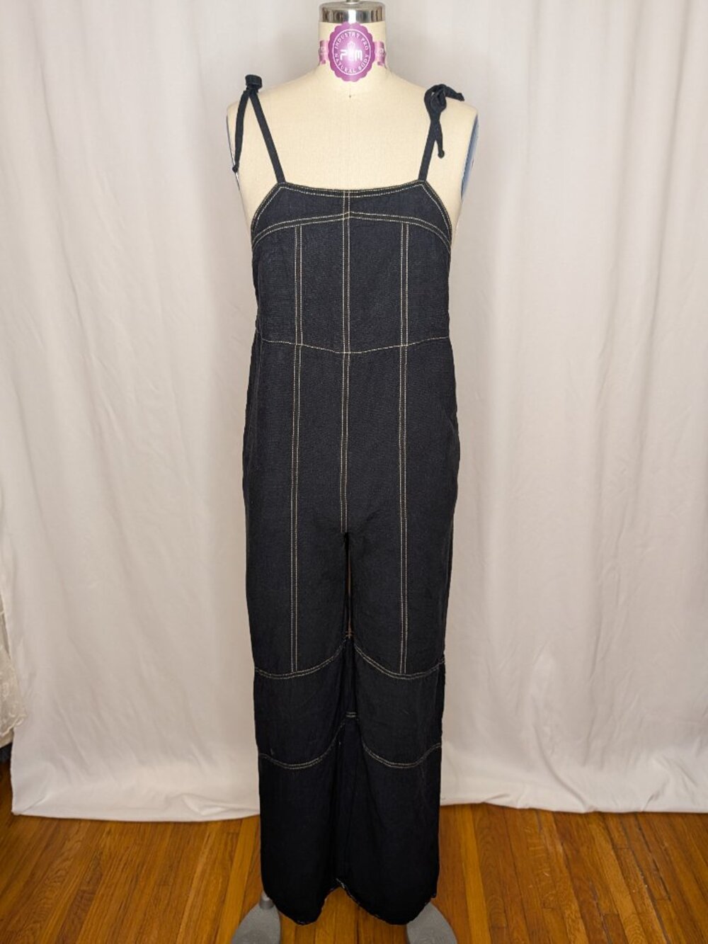 Urban Outfitters Contrast Stitch Black Linen Wide Leg Jumpsuit - size XSmall